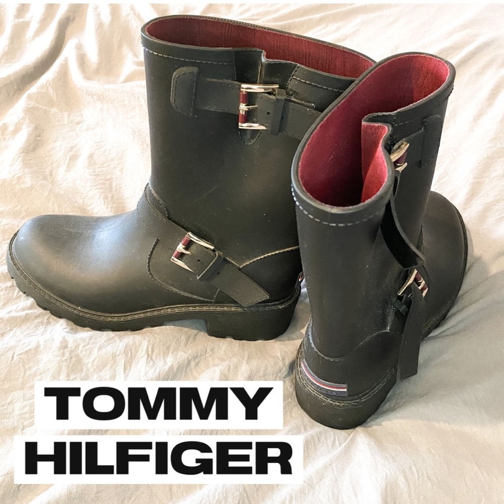 Black Tommy Hilfiger Buckle Rain Boots - Picture 1 of 6